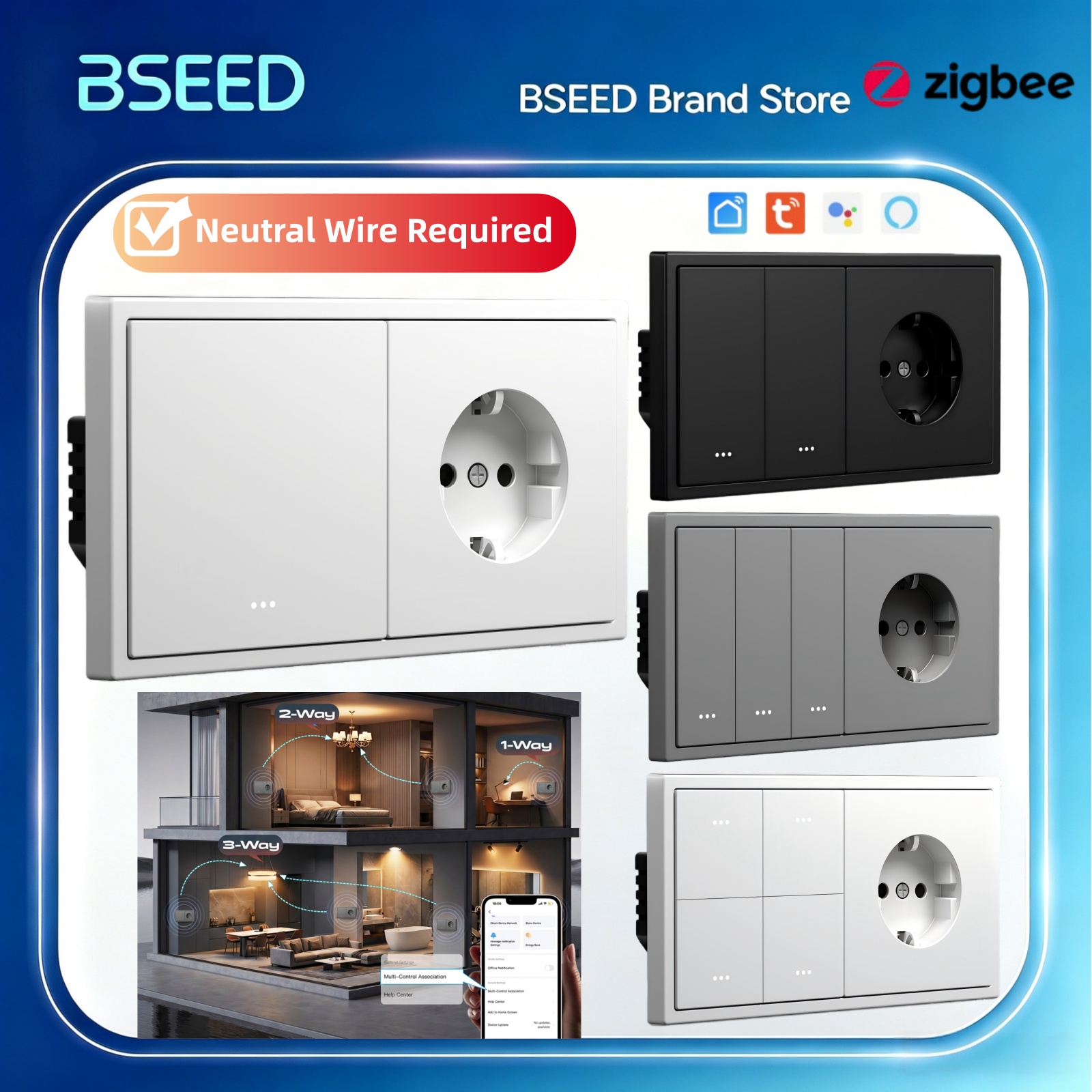 Tuya 4 Channel - Interruptor inteligente BSEED Zigbee, com botão
